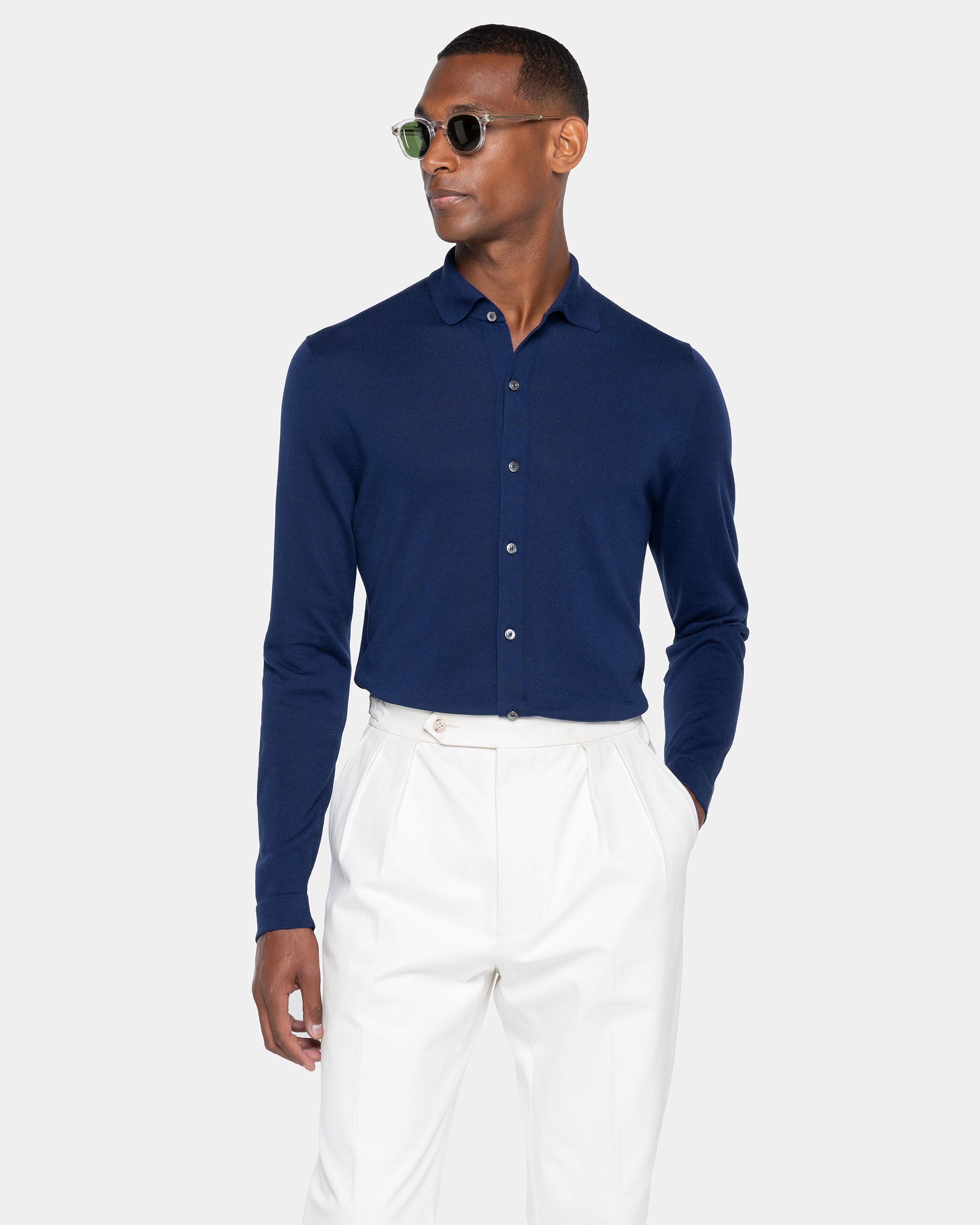 Camicia manica lunga tinta unita blu marino Cotone biologico e Seta Mulberry | Filatori
