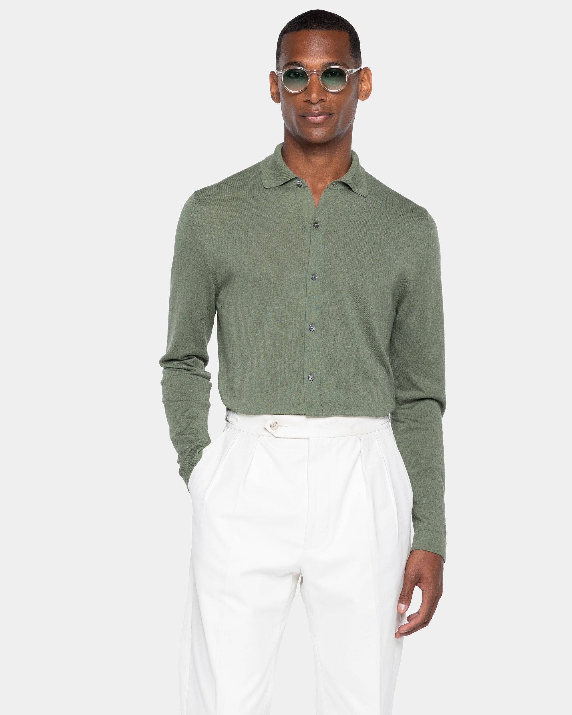 Camicia manica lunga tinta unita verde militare Cotone biologico e Seta Mulberry | Filatori