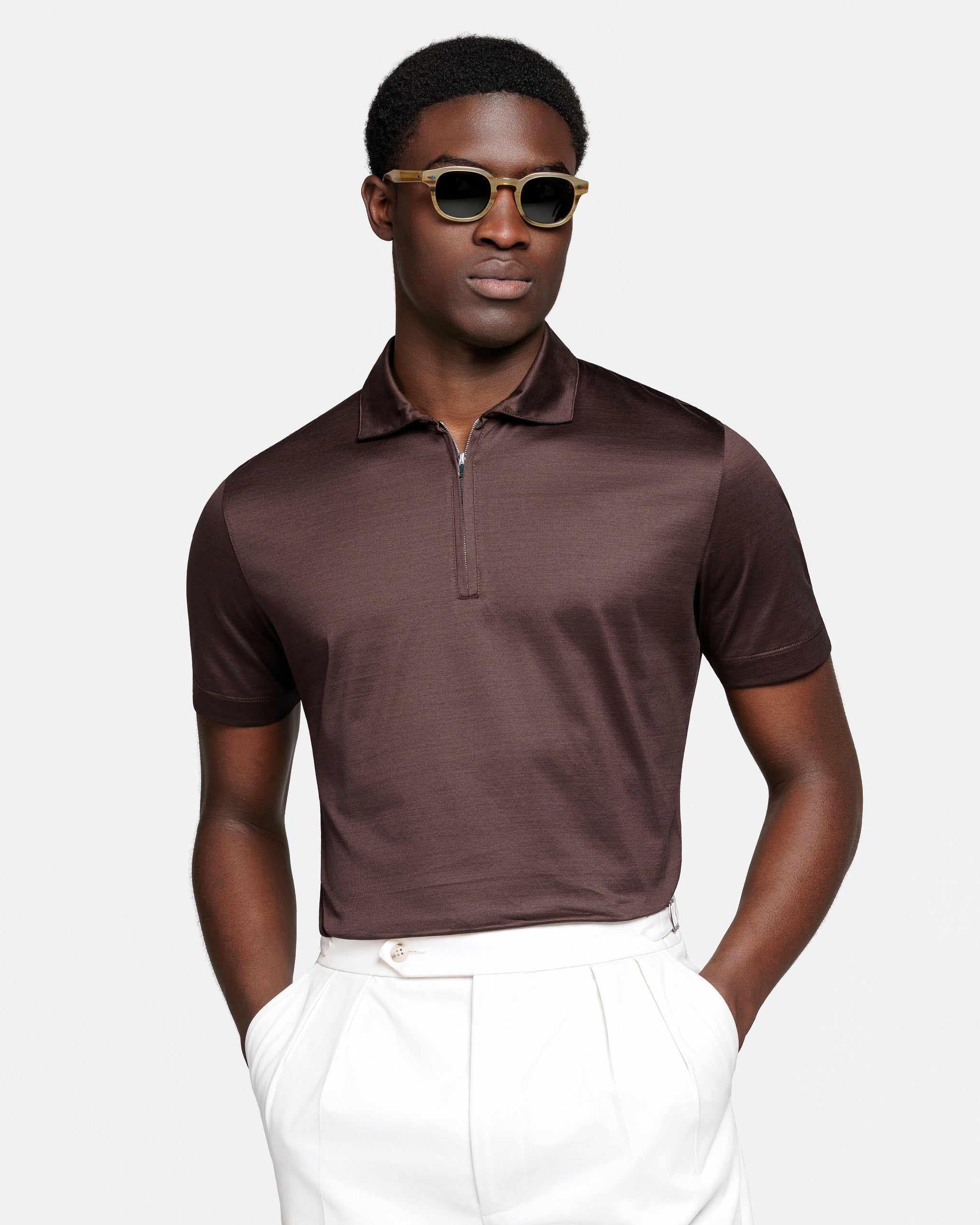 Brown Short Sleeve Half Zip Polo 100% Egyptian Cotton | Filatori