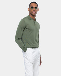 Military green Long Sleeved Polo Knitwear in Organic Cotton Mulberry Silk | Filatori