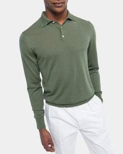 Military green Long Sleeved Polo Knitwear in Organic Cotton Mulberry Silk | Filatori
