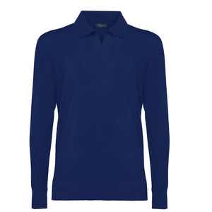 Blue Long Sleeved Buttonless Polo Knitwear in Organic Cotton Mulberry Silk | Filatori