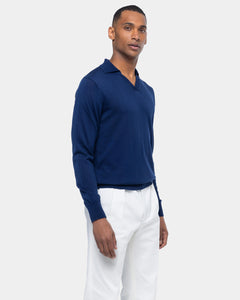 Blue Long Sleeved Buttonless Polo Knitwear in Organic Cotton Mulberry Silk | Filatori