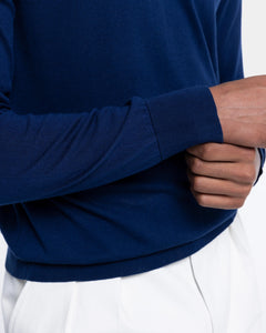 Blue Long Sleeved Buttonless Polo Knitwear in Organic Cotton Mulberry Silk | Filatori