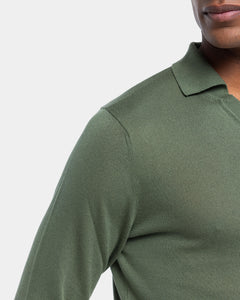 Military green Long Sleeved Buttonless Polo Knitwear in Organic Cotton Mulberry Silk | Filatori