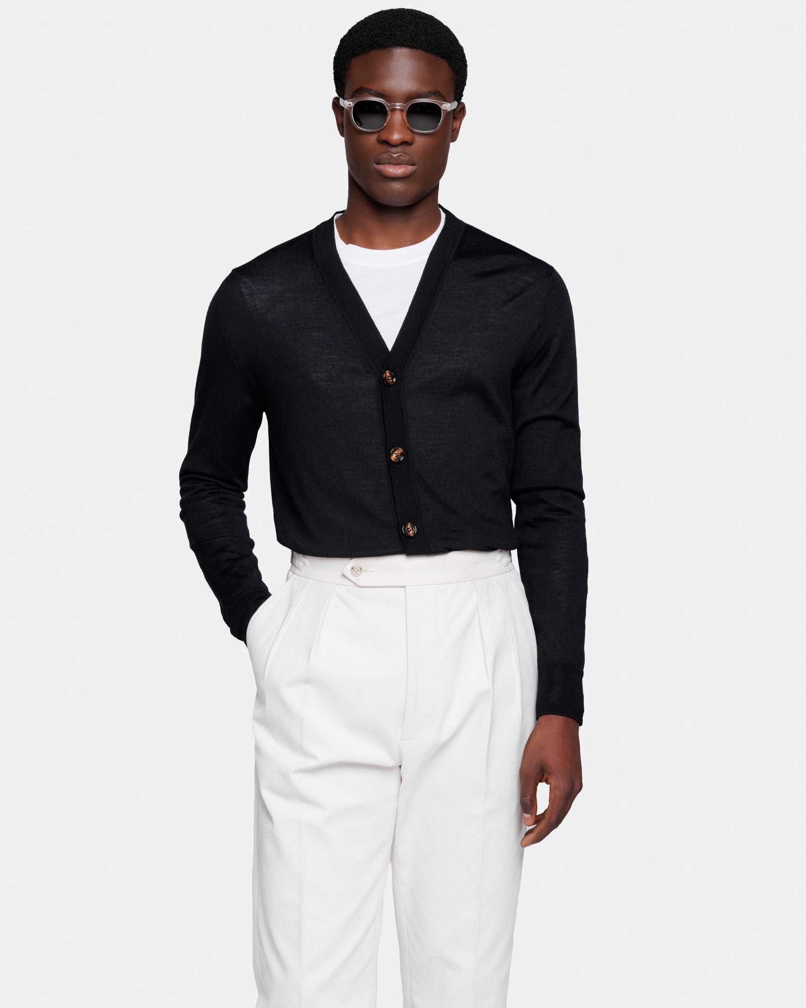 Long Sleeved Buttoned Cardigan in Black Extrafine Merino Wool and Silk | Filatori