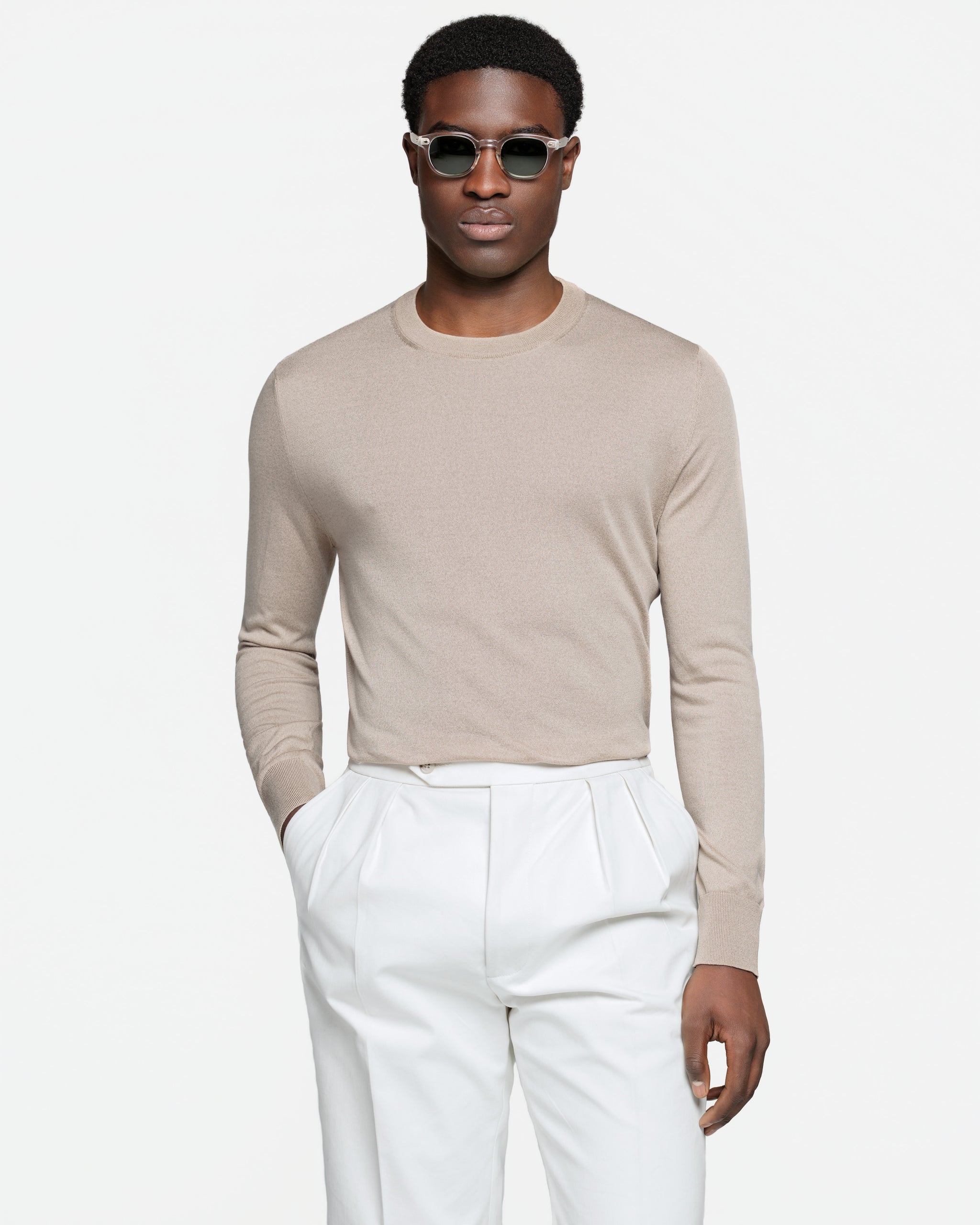 Maglia manica lunga Girocollo tinta unita mandorla Cotone biologico e Seta Mulberry | Filatori
