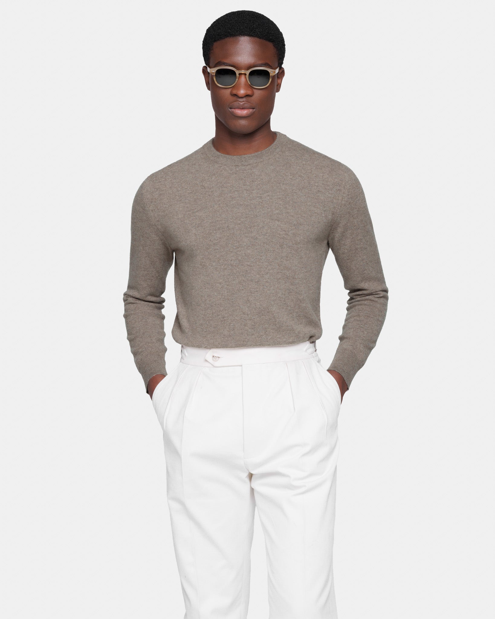 Taupe Long Sleeved Crewneck Knitwear in 100% Pure Cashmere Crown Reserve | Filatori