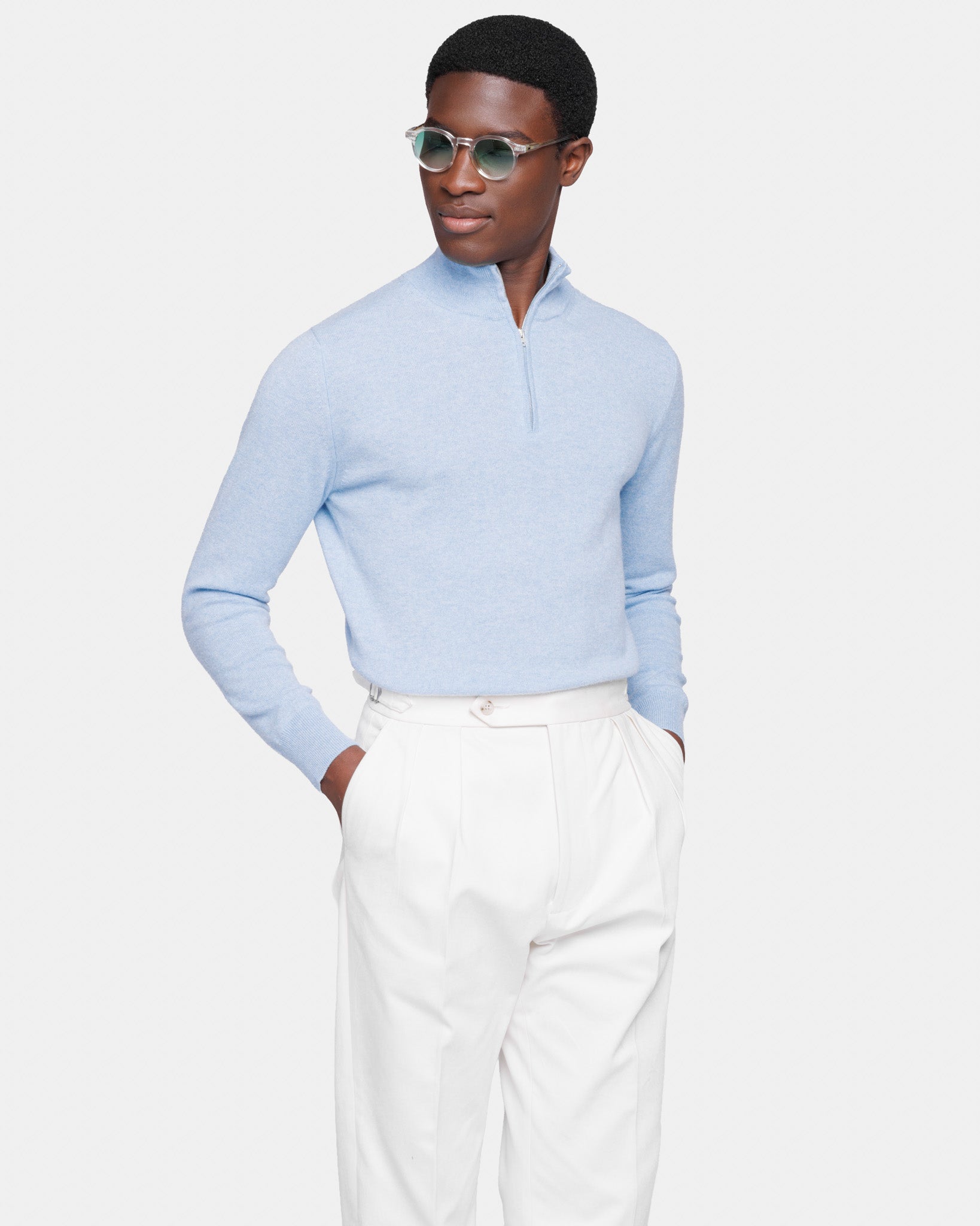 Sky Blue Half Zip Knitwear in 100% Pure Cashmere Crown Reserve | Filatori