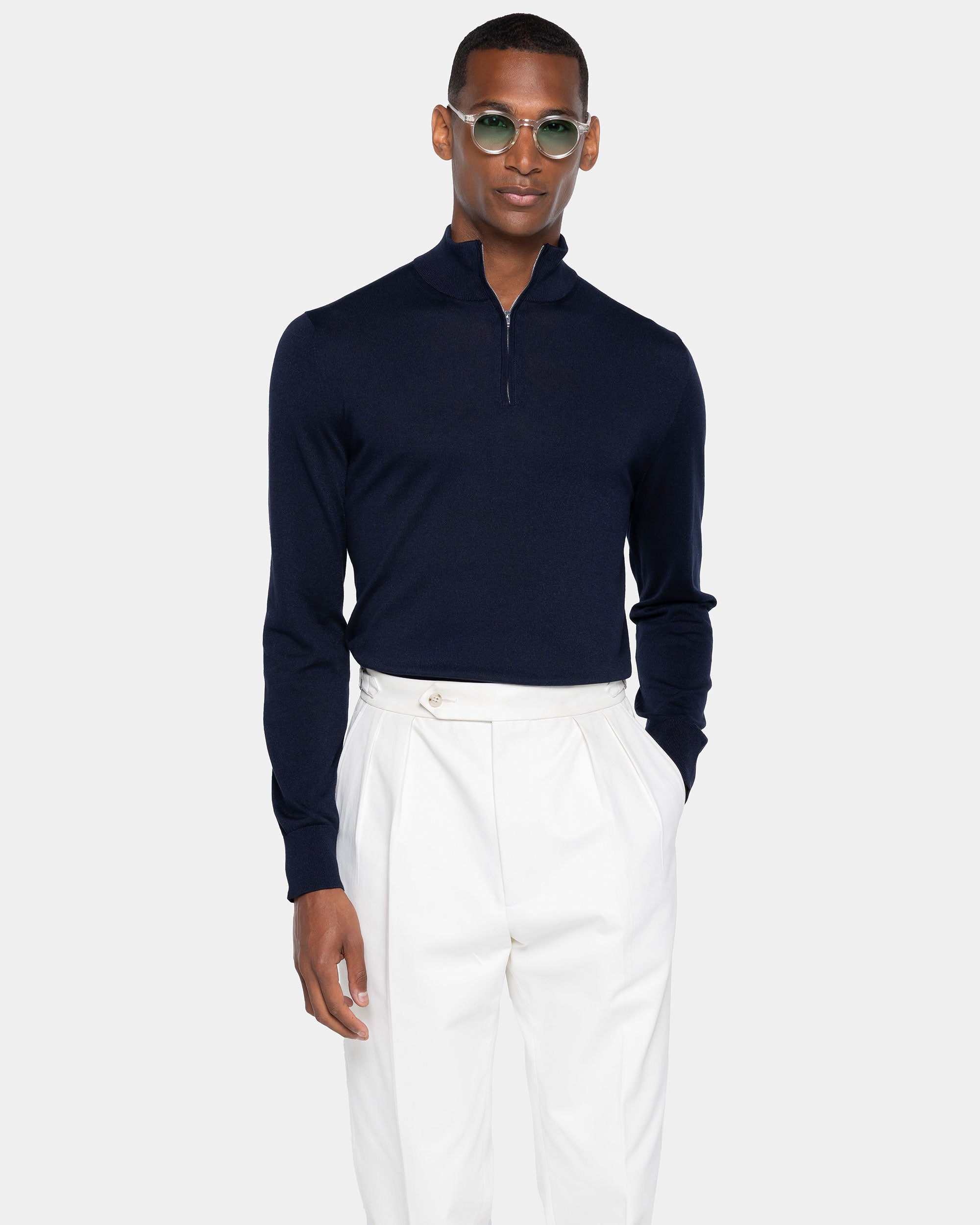 Maglia Lupetto con Zip tinta unita Blu Cotone biologico e Seta Mulberry | Filatori