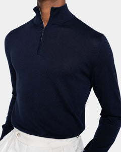 Maglia Lupetto con Zip tinta unita Blu Cotone biologico e Seta Mulberry | Filatori