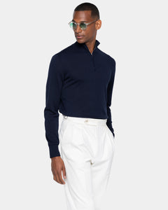 Maglia Lupetto con Zip tinta unita Blu Cotone biologico e Seta Mulberry | Filatori