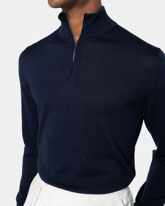 Maglia Lupetto con Zip tinta unita Blu Cotone biologico e Seta Mulberry | Filatori