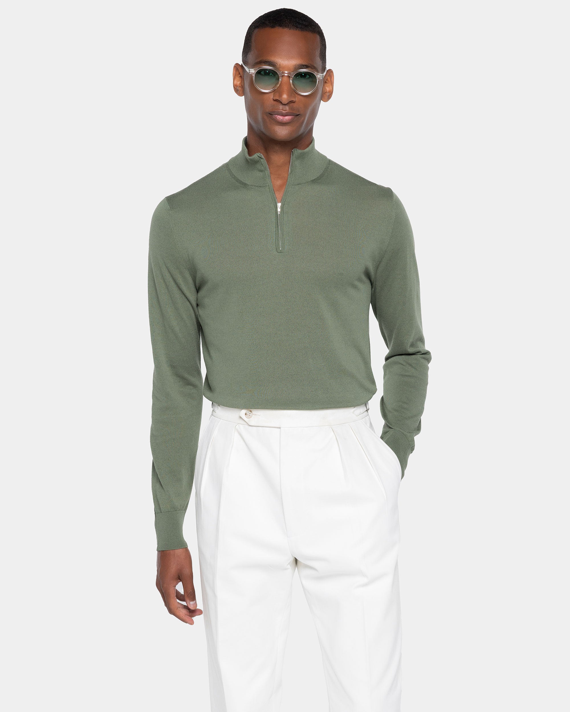 Maglia Lupetto con Zip tinta unita verde militare Cotone biologico e Seta Mulberry | Filatori