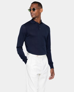 Maglia manica lunga Polo tinta unita Blu Cotone biologico e Seta Mulberry | Filatori