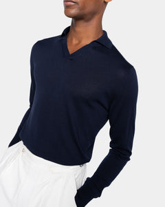 Blue Long Sleeved Buttonless Polo Knitwear in Organic Cotton Mulberry Silk | Filatori