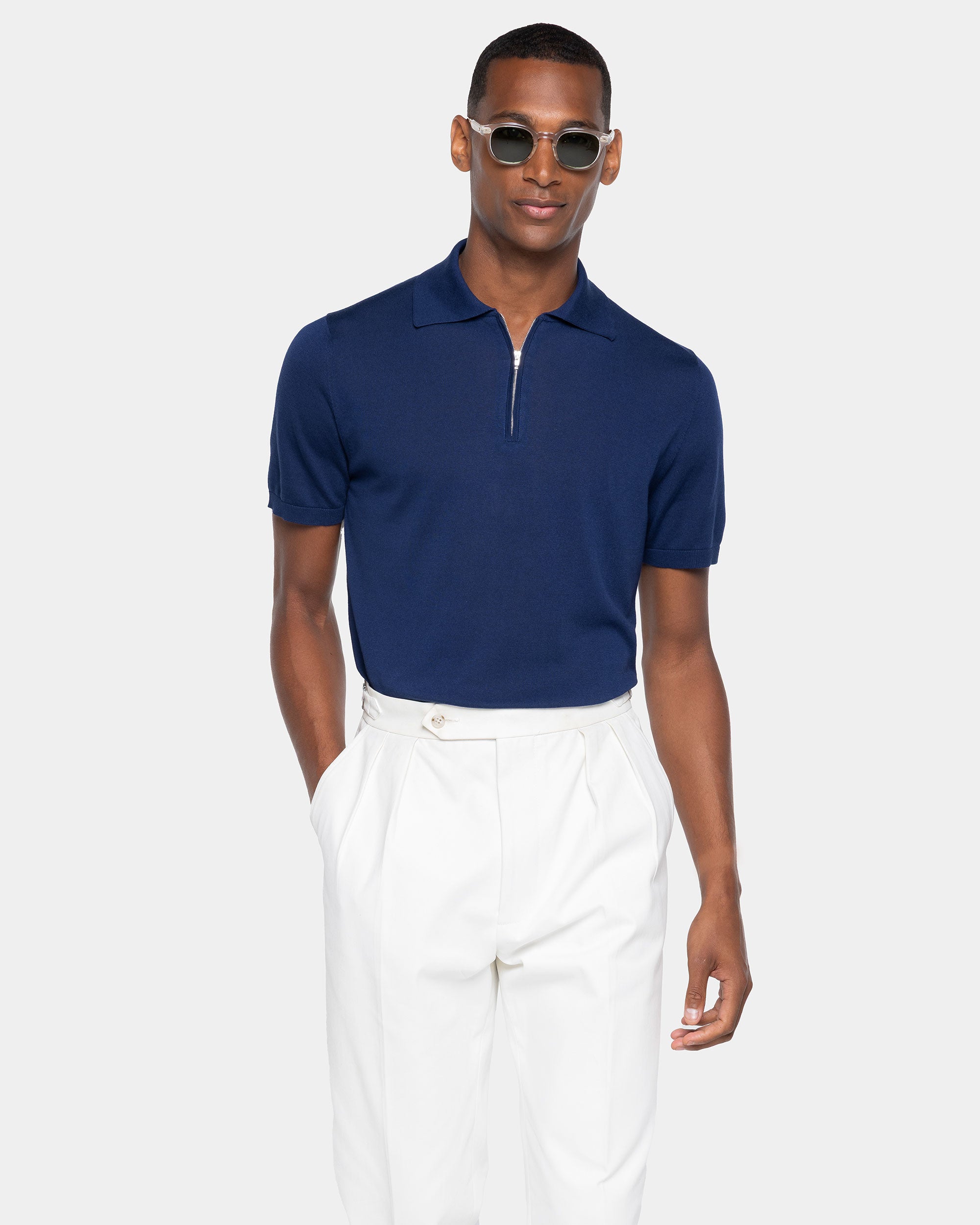 Maglia mezza manica Polo Zip tinta unita blu marino Cotone biologico e Seta Mulberry | Filatori