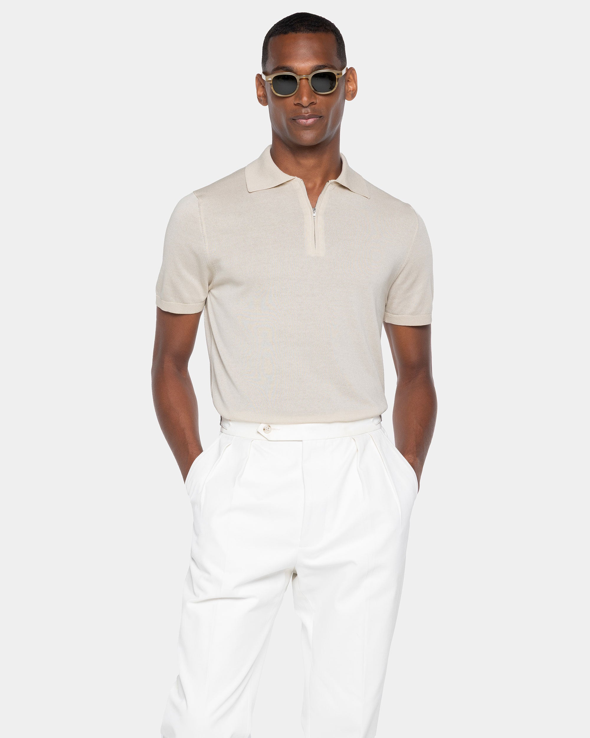 Maglia mezza manica Polo Zip tinta unita sabbia Cotone biologico e Seta Mulberry | Filatori