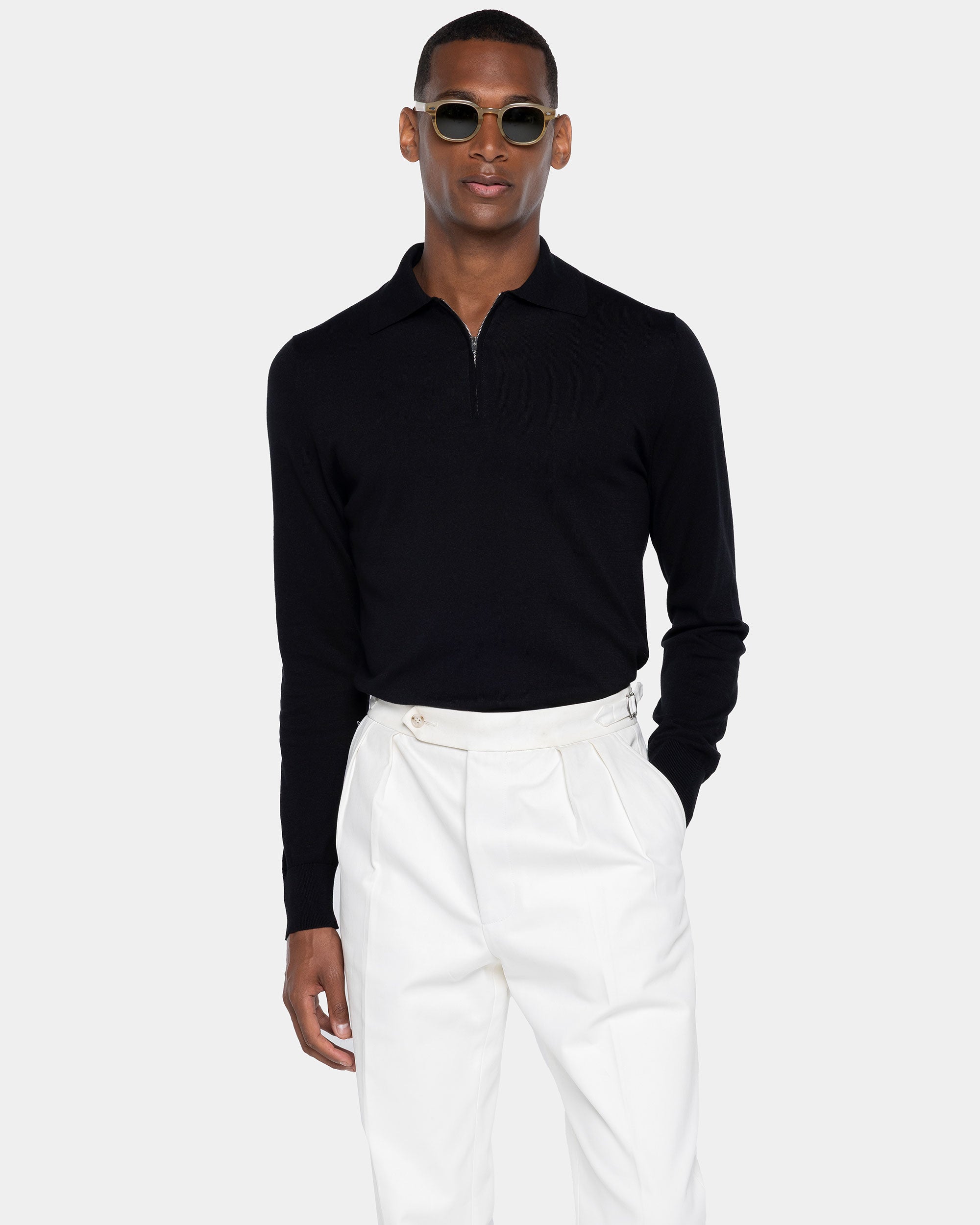Maglia manica lunga Polo Zip tinta unita nera Cotone biologico e Seta Mulberry | Filatori