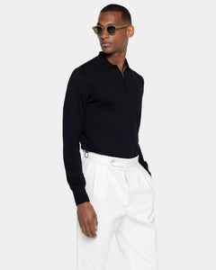 Maglia manica lunga Polo Zip tinta unita nera Cotone biologico e Seta Mulberry | Filatori