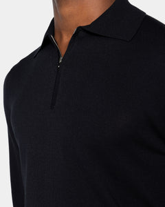 Maglia manica lunga Polo Zip tinta unita nera Cotone biologico e Seta Mulberry | Filatori