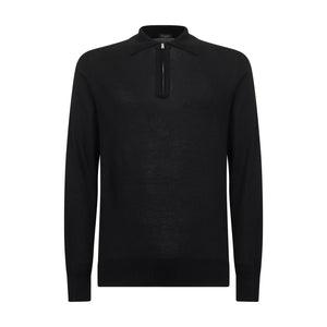 Maglia manica lunga Polo Zip tinta unita nera Cotone biologico e Seta Mulberry | Filatori