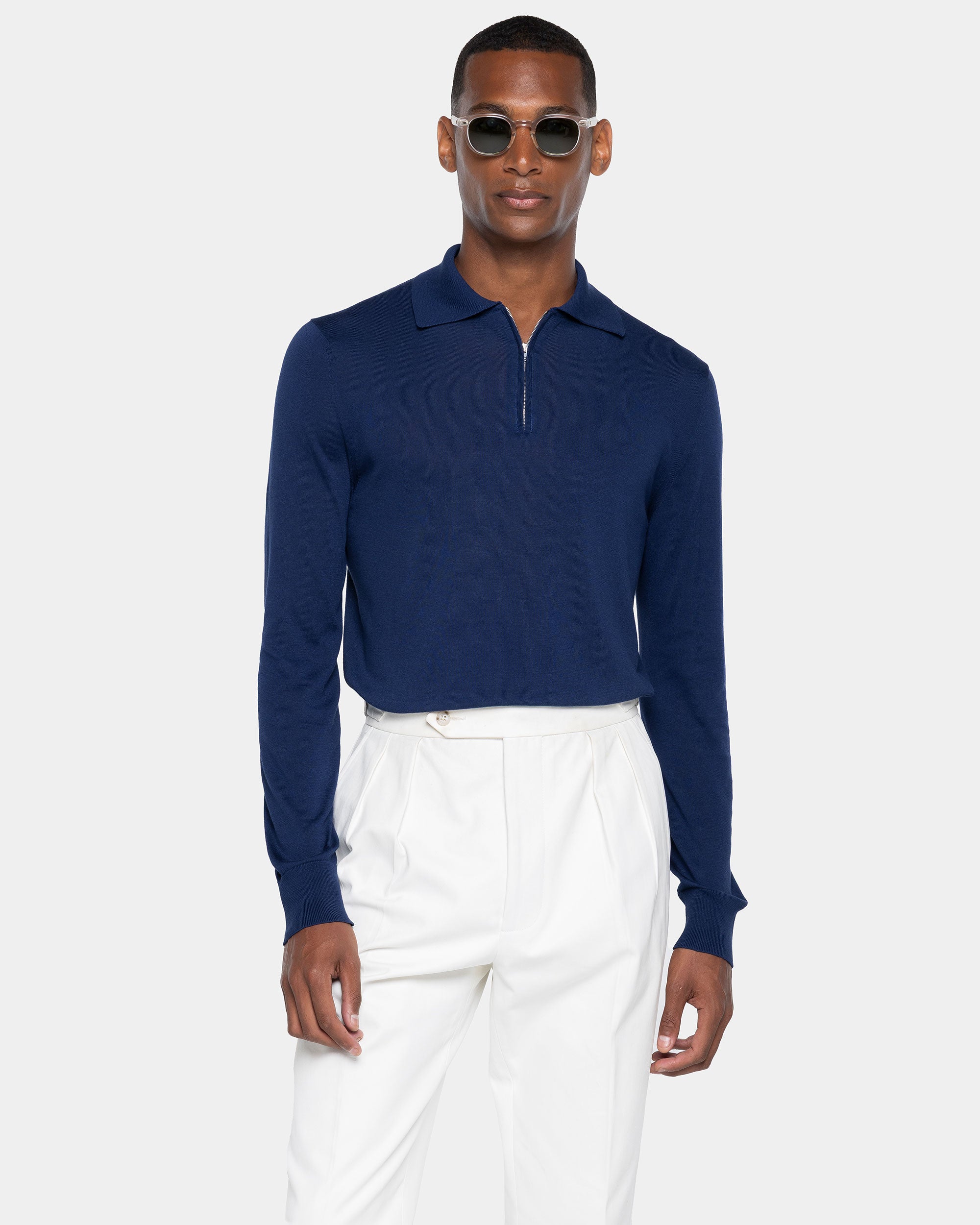 Blue Marine Long Sleeve Zip Polo Knitwear in Organic Cotton Mulberry Silk | Filatori