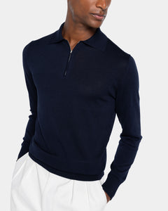 Blue Long Sleeve Zip Polo Knitwear in Organic Cotton Mulberry Silk | Filatori