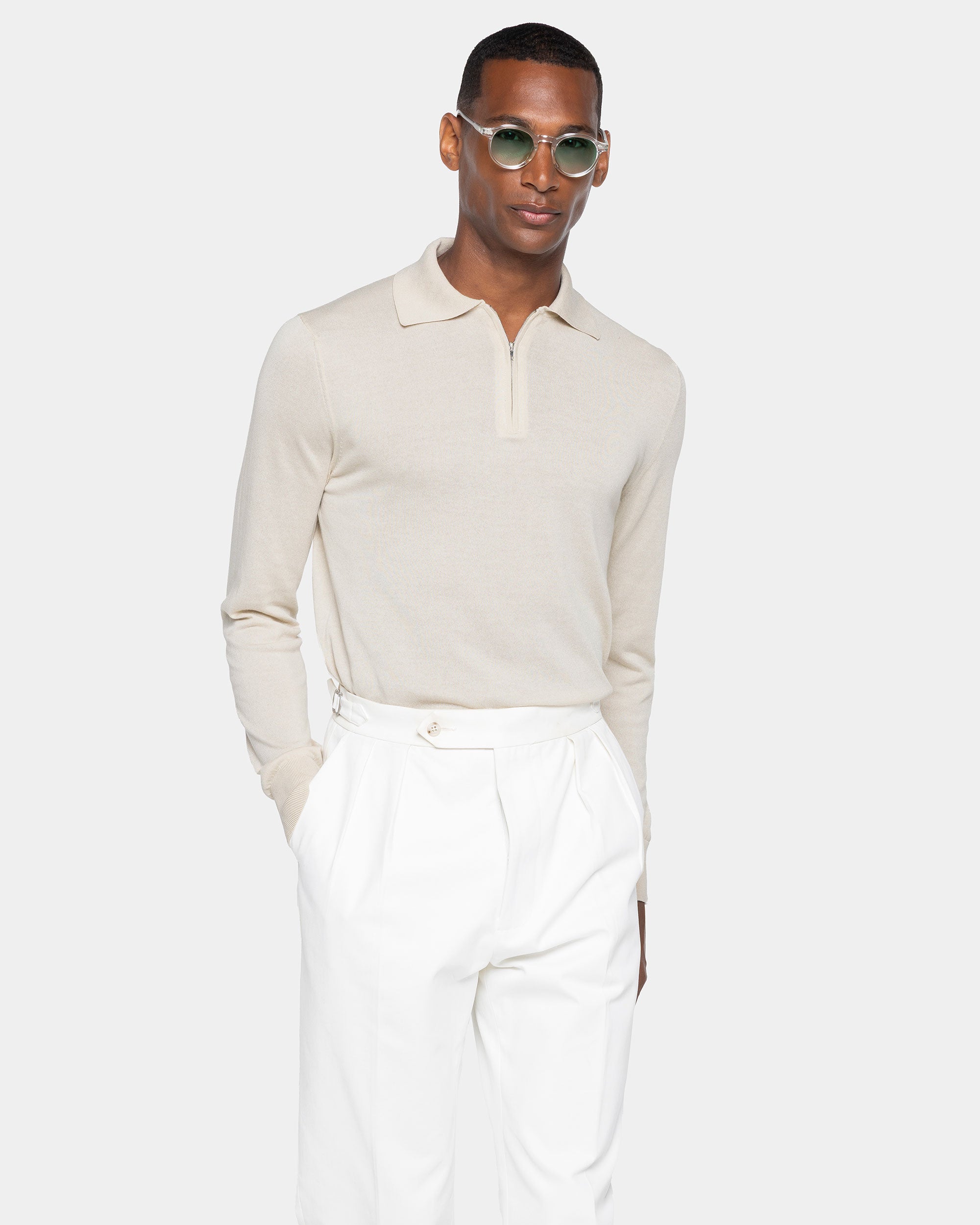Maglia manica lunga Polo Zip tinta unita sabbia Cotone biologico e Seta Mulberry | Filatori