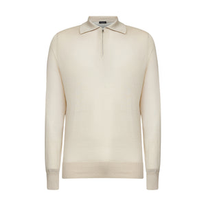Maglia manica lunga Polo Zip tinta unita sabbia Cotone biologico e Seta Mulberry | Filatori
