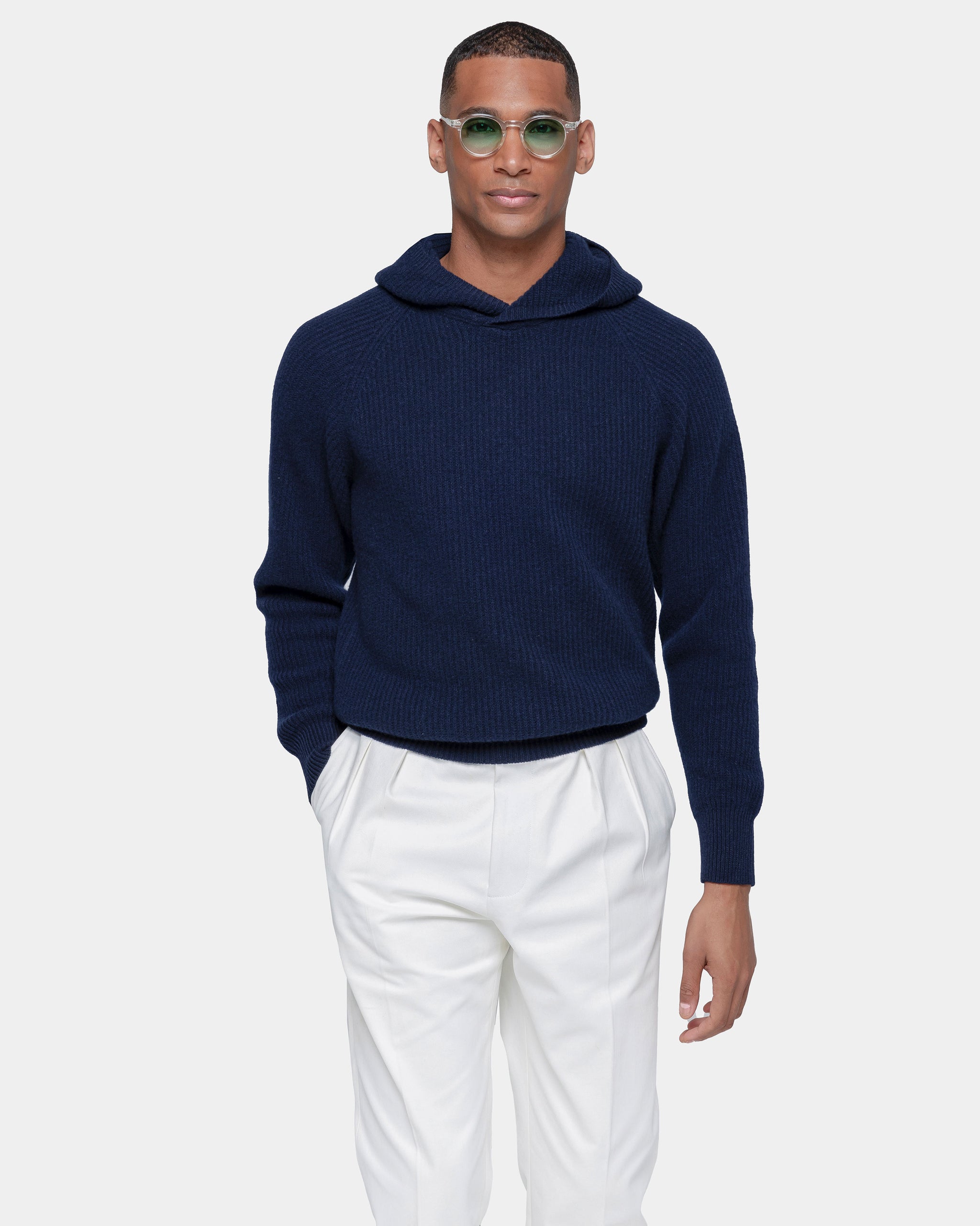 Blue Long Sleeve Hoodie in Super 100's Carded Wool | Filatori