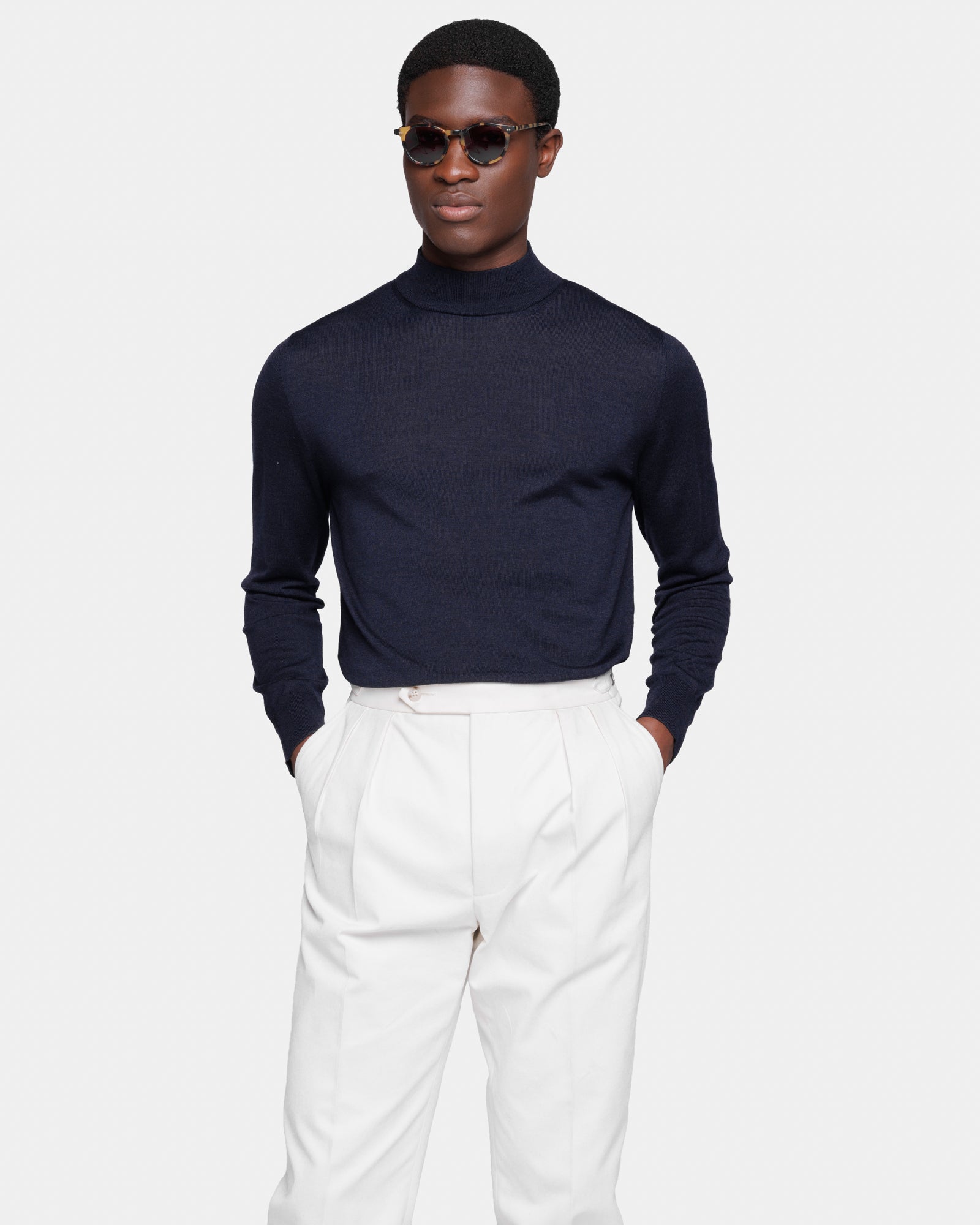 Navy Blue Long Sleeved Highneck Knitwear in Extrafine Merino Wool and Silk | Filatori