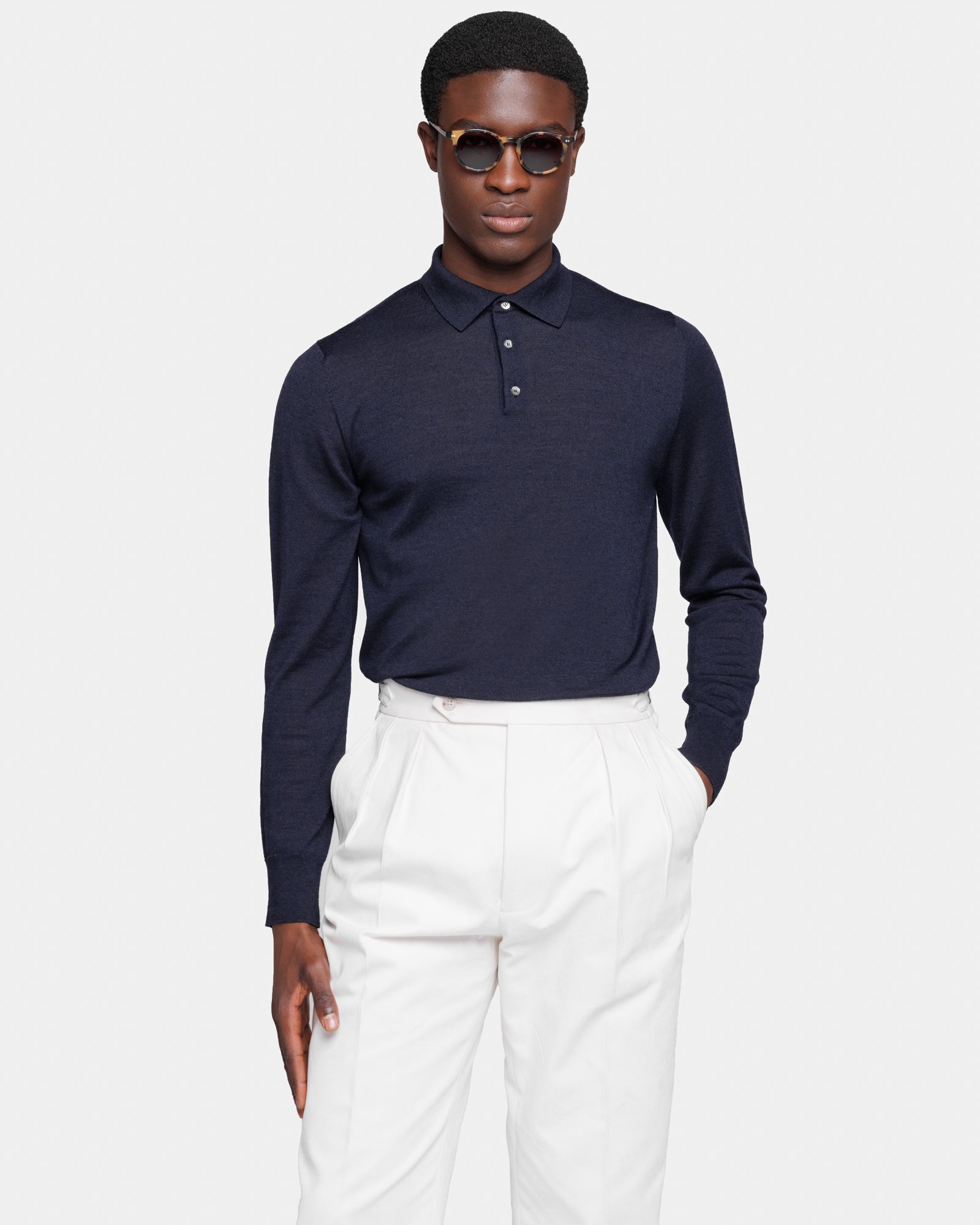 Navy Blue Long Sleeved Polo Knitwear in Extrafine Merino Wool and Silk | Filatori