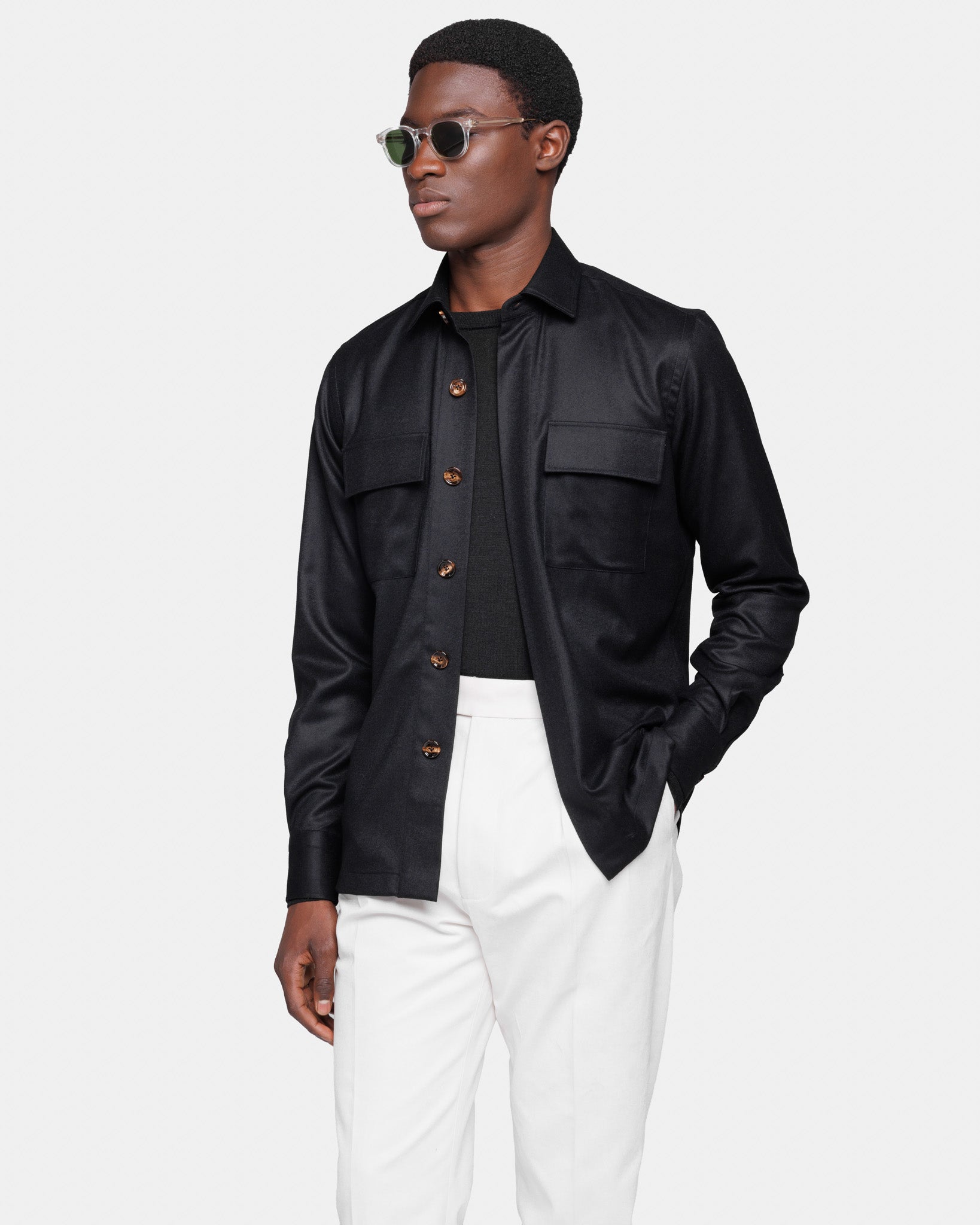 Overshirt in Black Saxon Merino Wool Super 150's | Filatori 