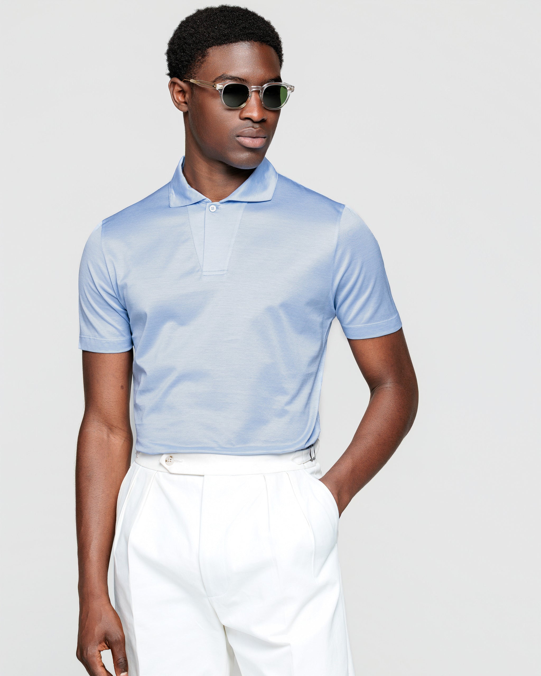 Light Blue Short Sleeve One-Button Polo 100% Cotton Micro Piqué 120/2 | Filatori