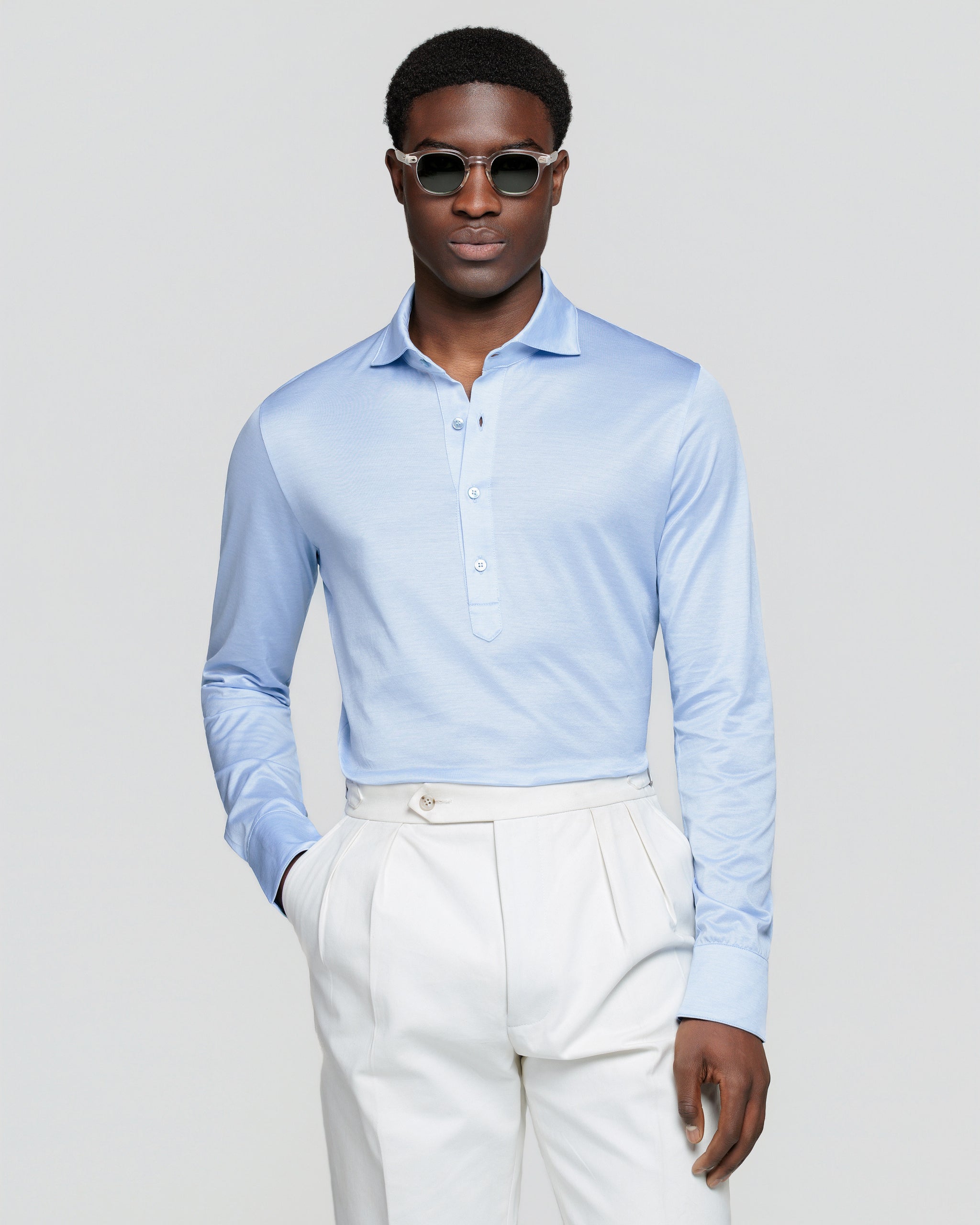Polo Camicia manica lunga tinta unita Azzurra 100% Micro Piqué di Cotone 120/2 | Filatori