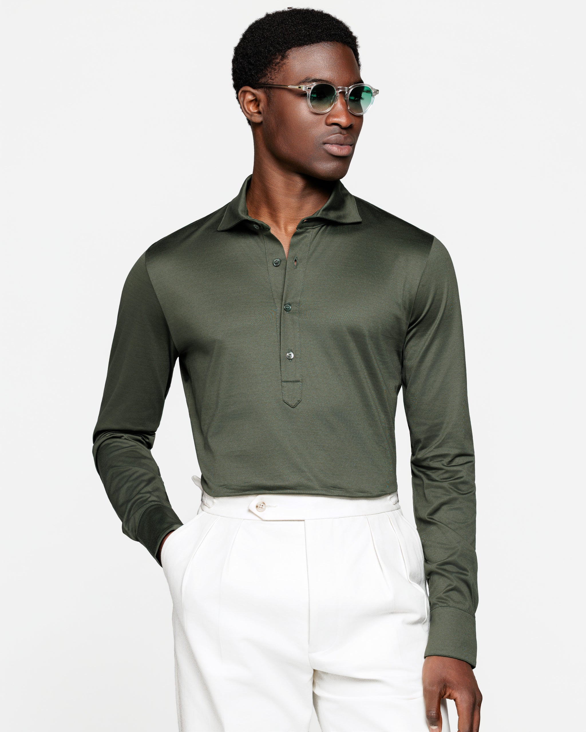 Military Green Long Sleeve Polo Shirt 100% Egyptian Cotton | Filatori