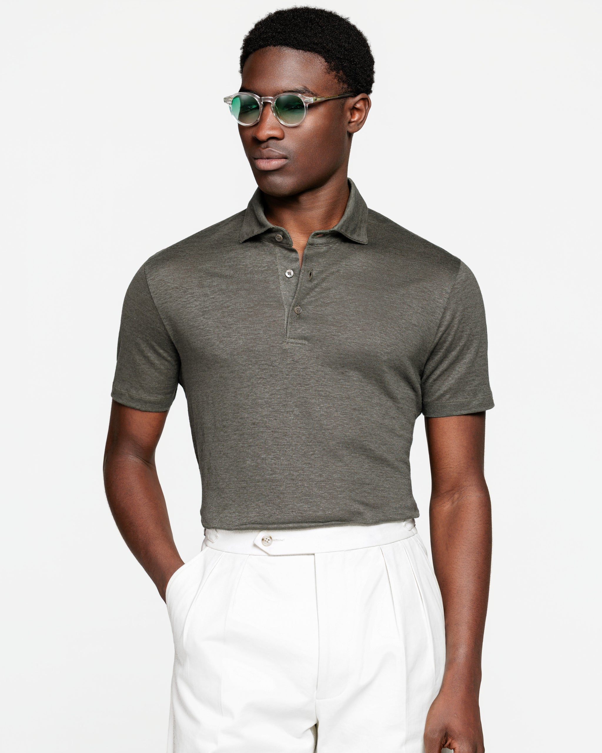 Polo Classica 3 bottoni manica corta tinta unita Verde Militare 100% Masters of Linen | Filatori