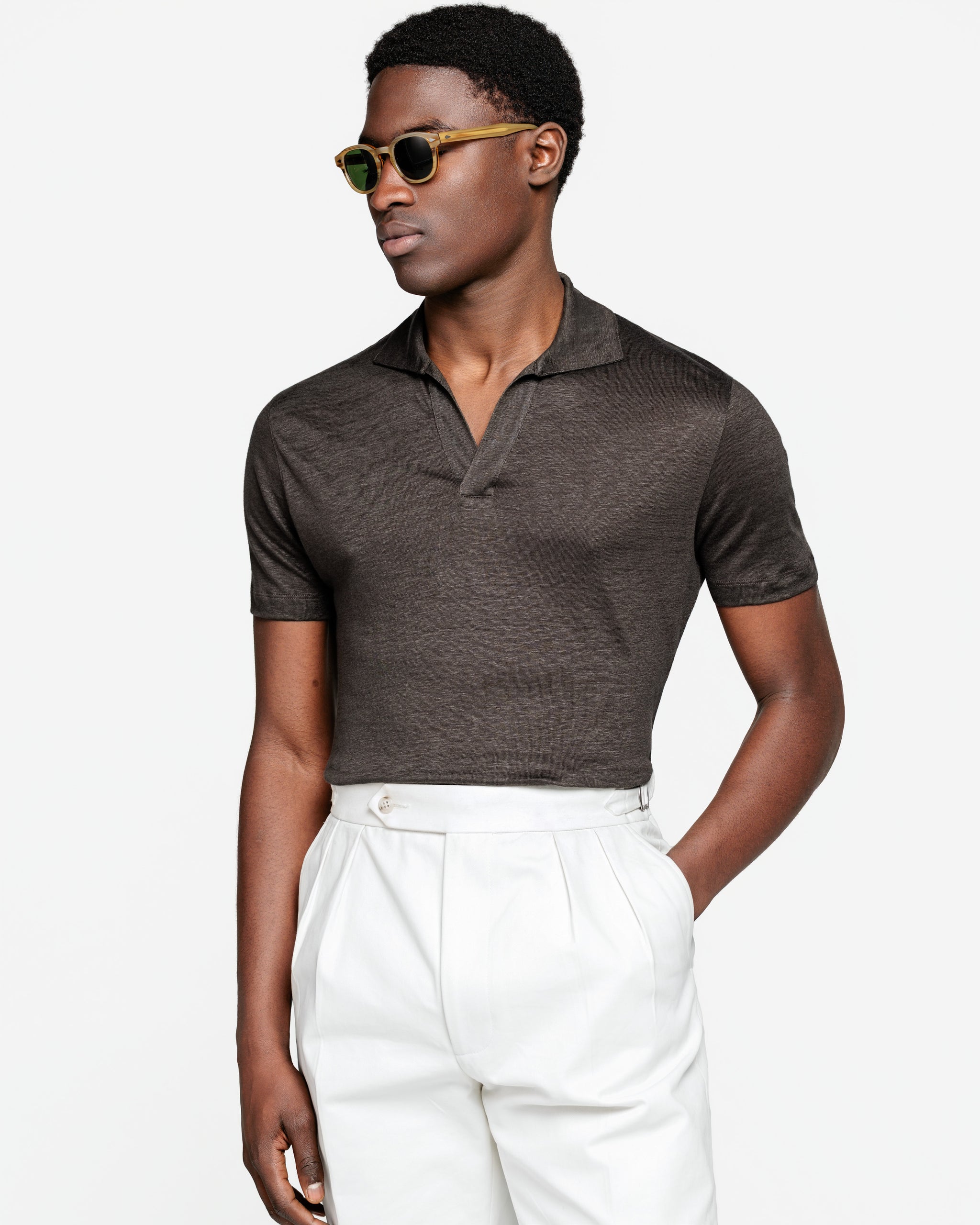 Polo senza bottoni manica corta tinta unita Marrone 100% Masters of Linen | Filatori