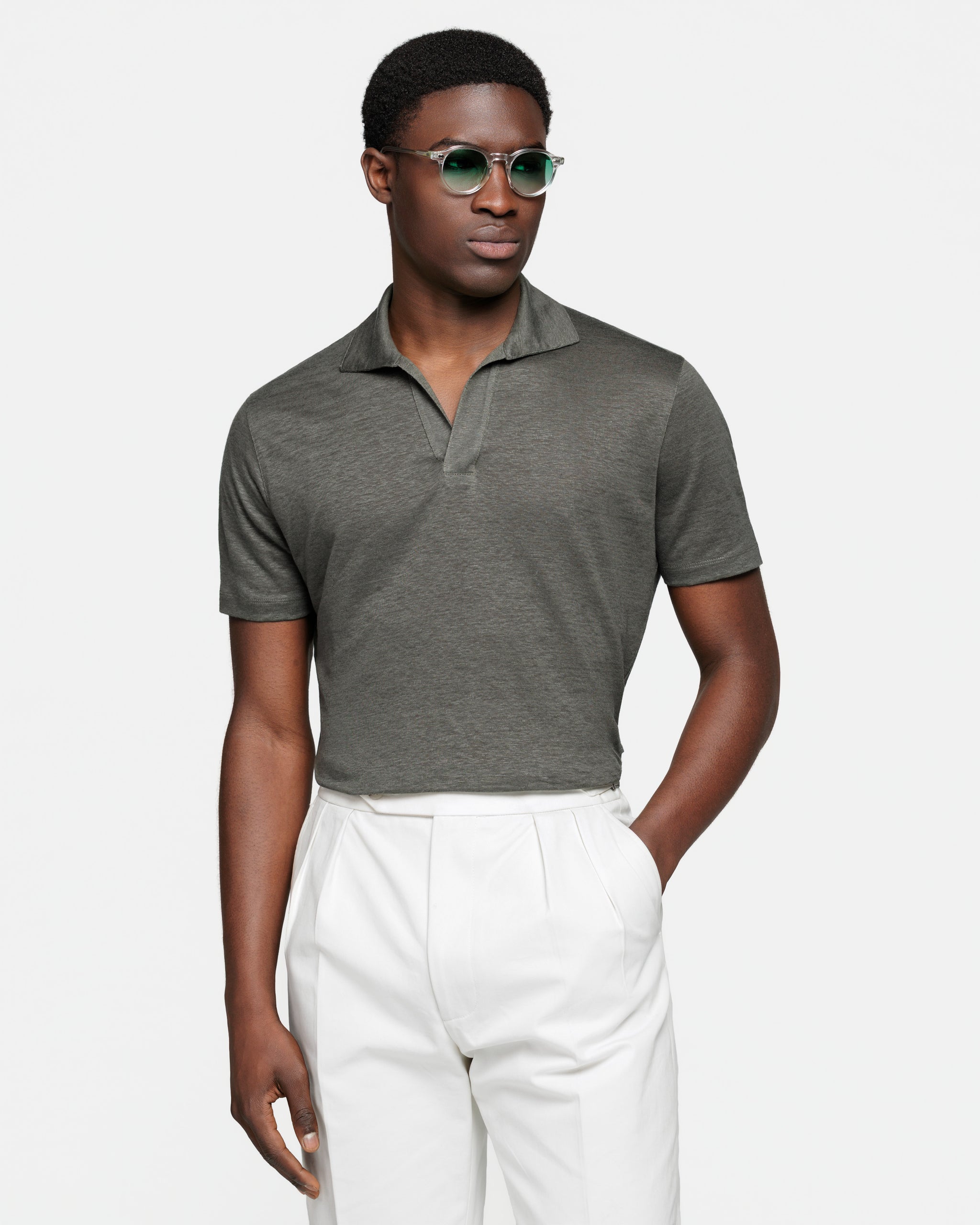 Polo senza bottoni manica corta tinta unita Verde Militare 100% Masters of Linen | Filatori