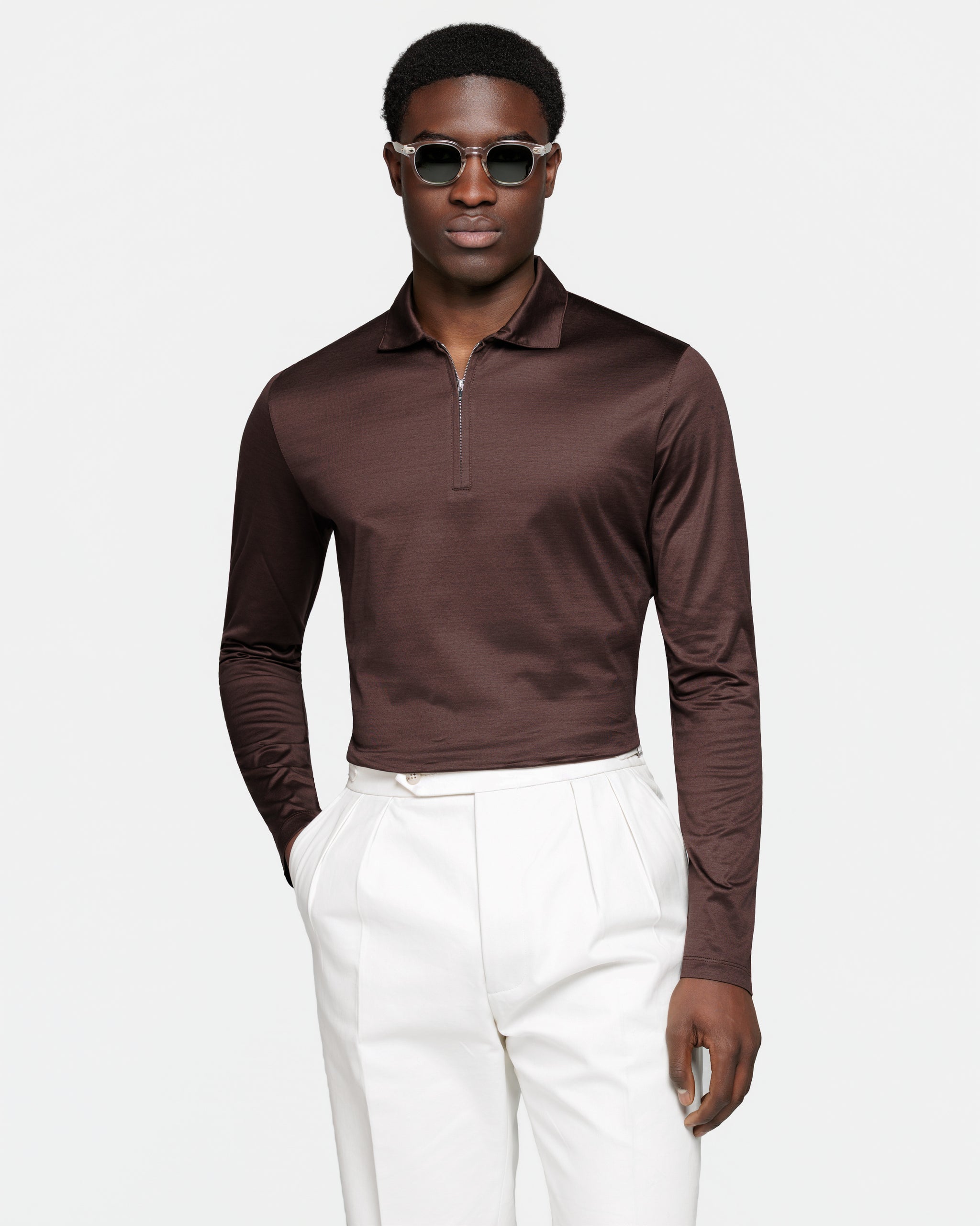 Polo mezza zip manica lunga tinta unita Marrone 100% Cotone egiziano | Filatori