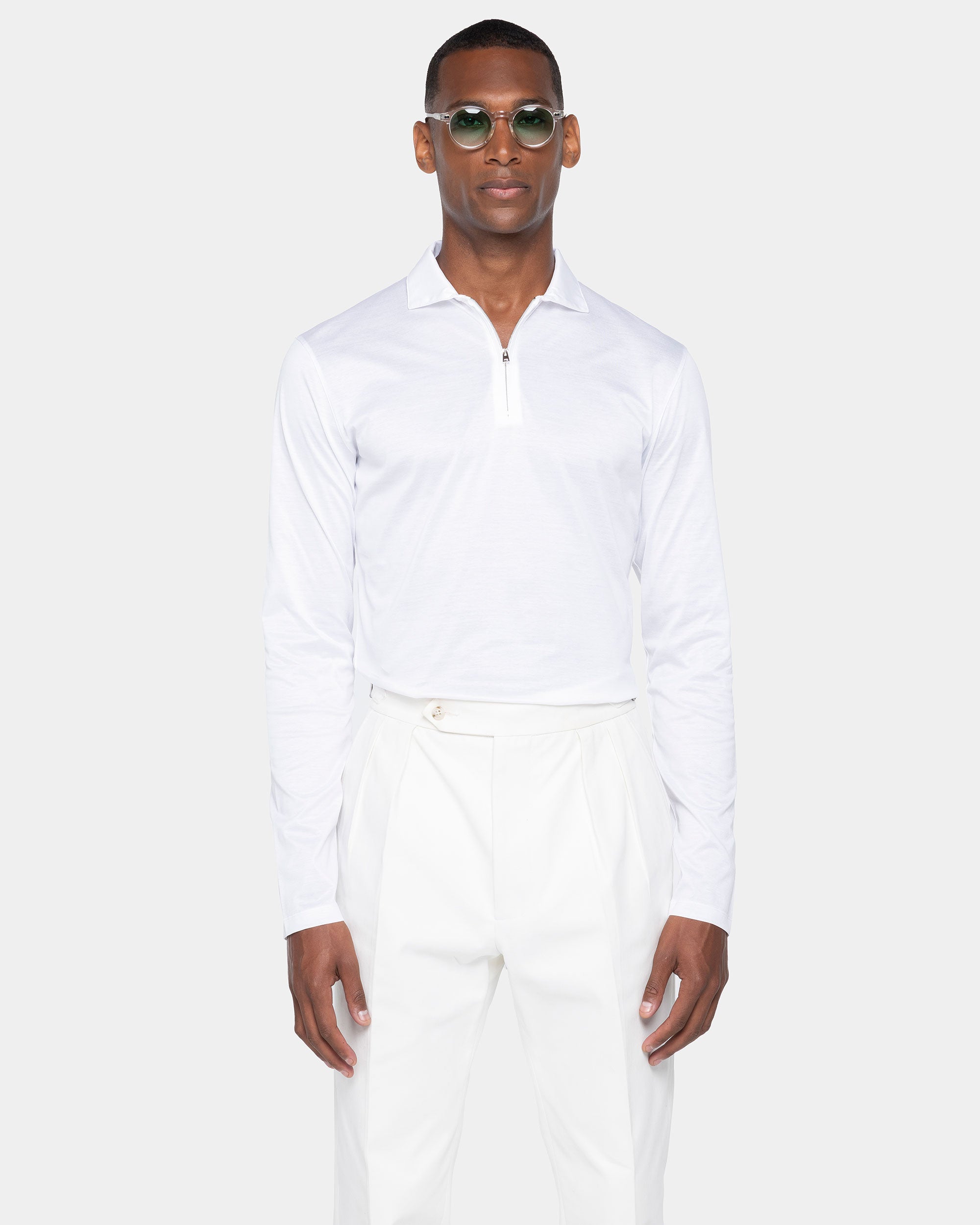 Polo mezza zip manica lunga tinta unita Bianca 100% Cotone egiziano | Filatori
