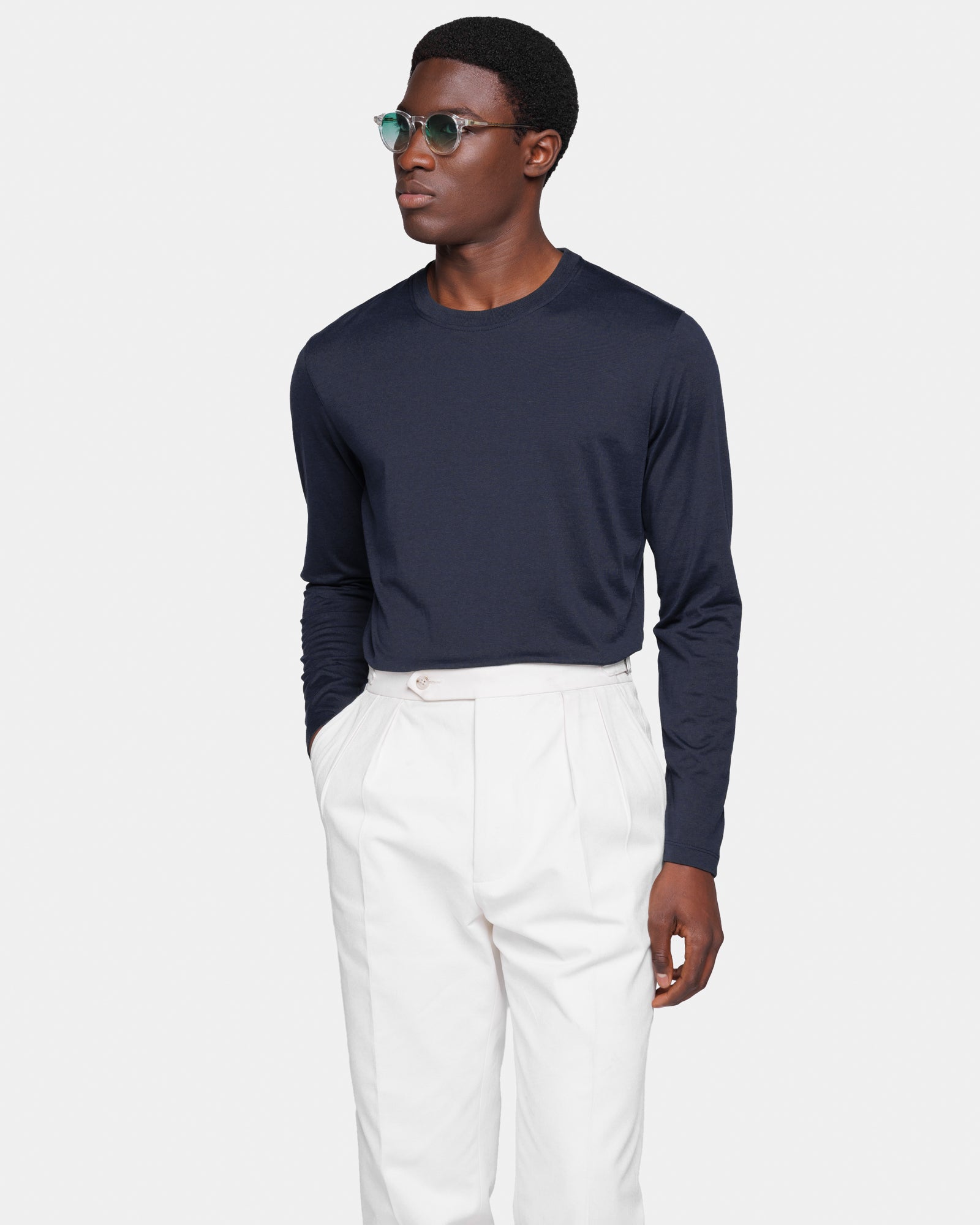 Navy Blue Soft Long Sleeved T-Shirt Silk Cotton | Filatori 